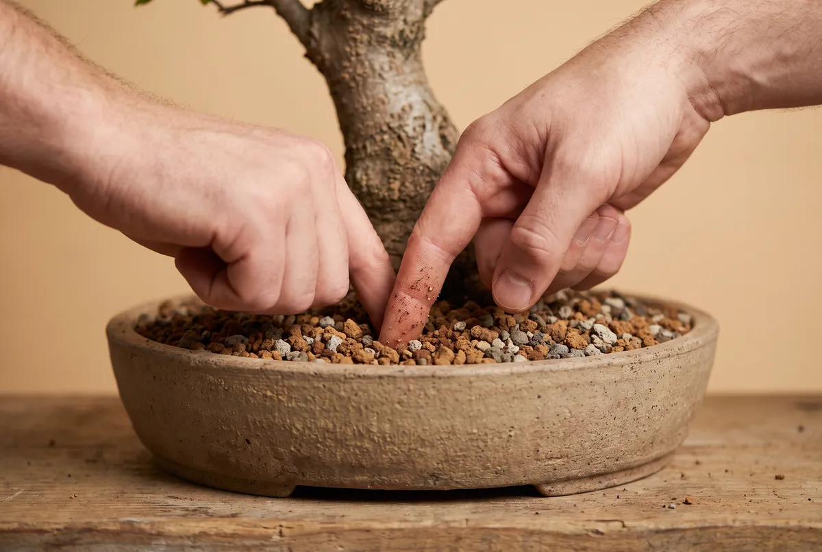 Fingertip pressed half an inch into granular bonsai soil at the rim of a shallow pot