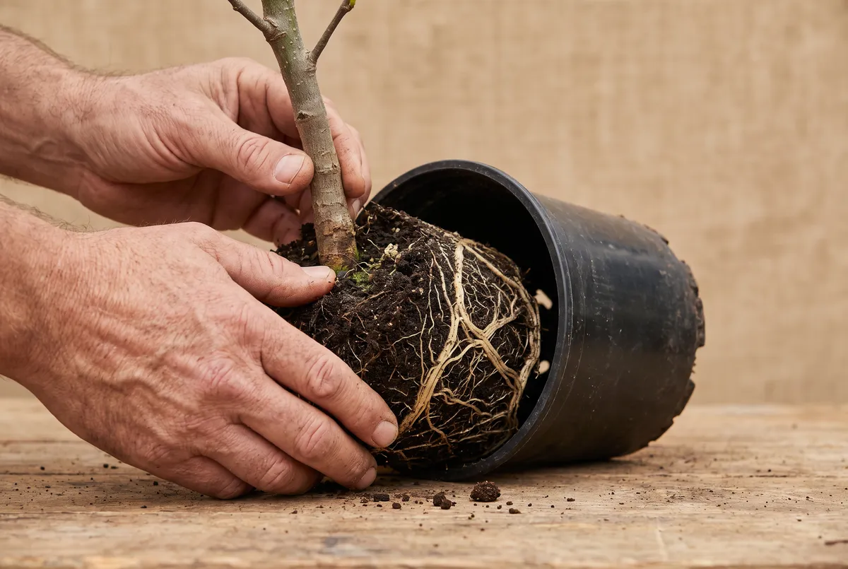 Hands sliding a root-bound root ball intact out of a black plastic nursery pot