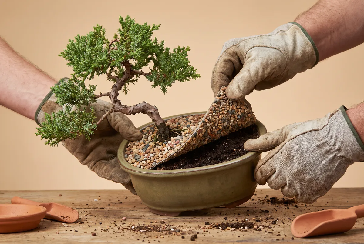 Hands prying a sheet of glued decorative gravel off the soil surface of a small juniper bonsai.