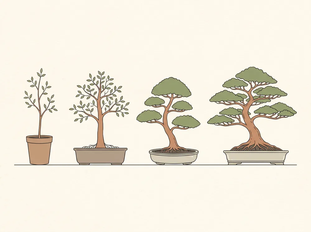 Illustration of four bonsai at increasing stages of development, from a young seedling in a nursery can to a refined mature bonsai in a shallow pot.