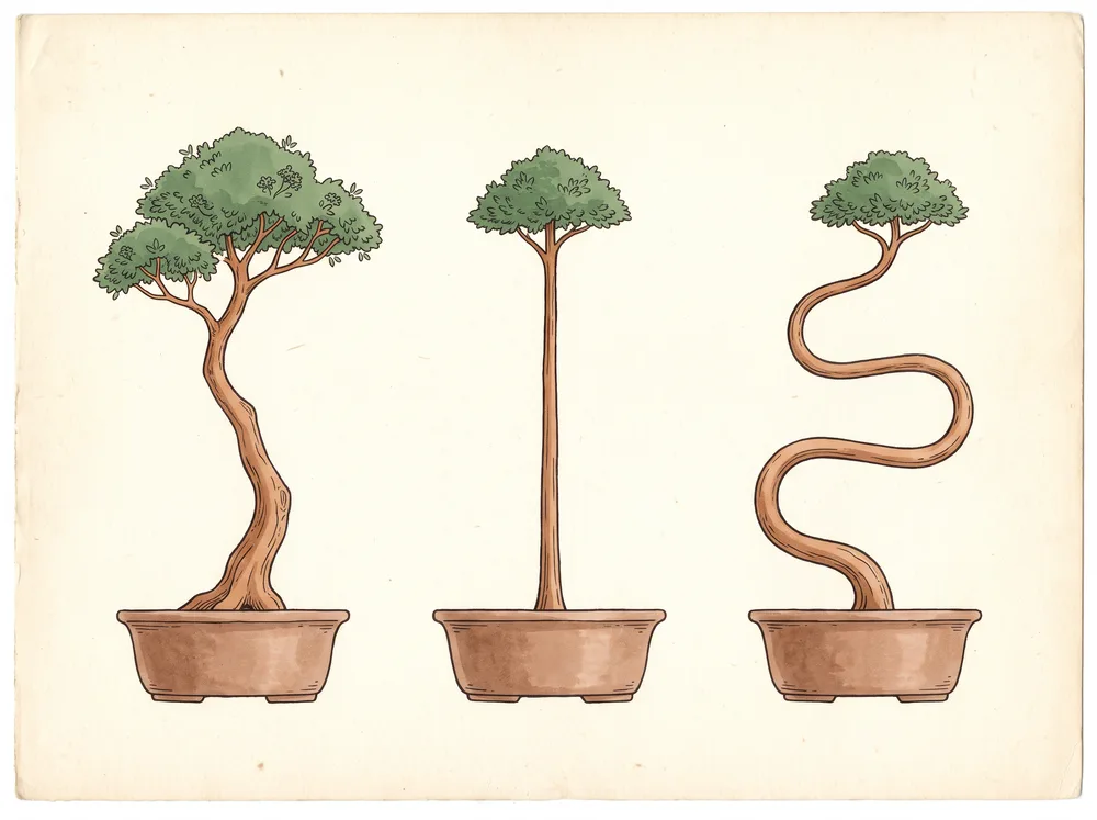 Illustration comparing three bonsai trunk shapes: tapered with natural movement, straight with no taper, and a mass-produced uniform S-curve.