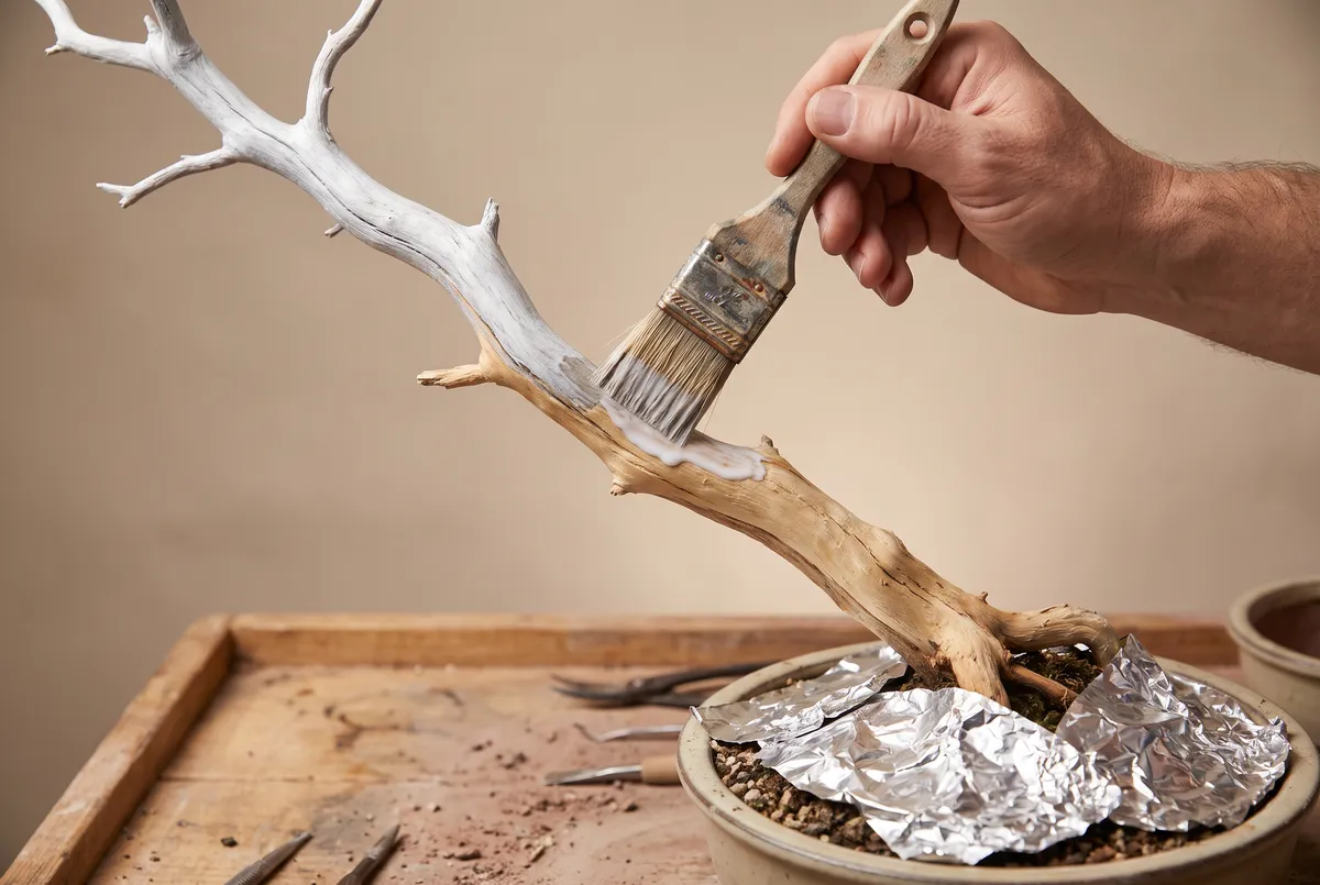 A brush applying lime sulfur to bonsai deadwood, half already bleached white, with foil shielding the soil.