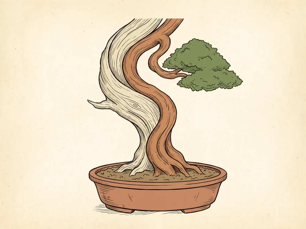 Illustration of a bonsai trunk with a pale spiraling shari strip beside a ribbon of live bark feeding a green foliage pad.