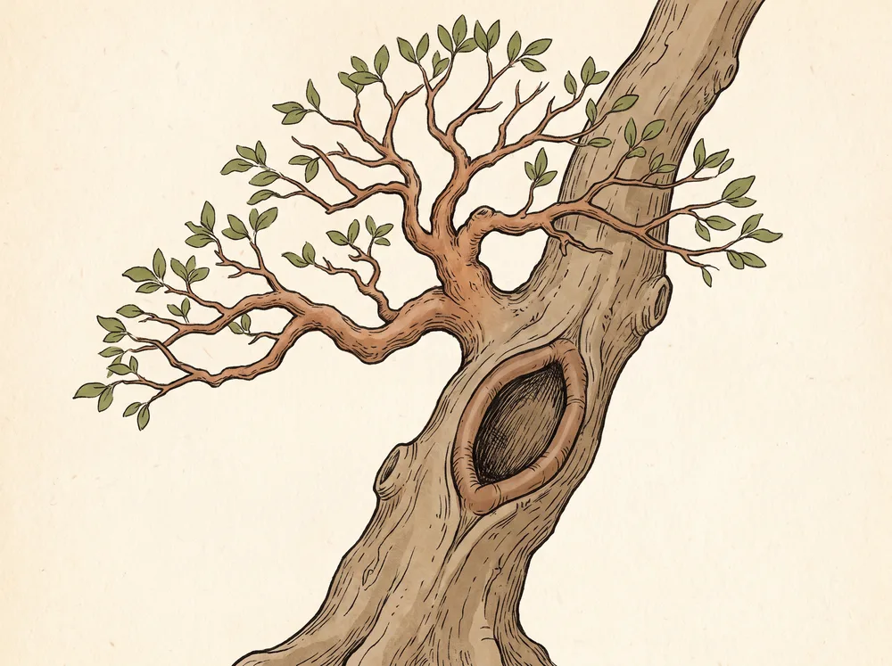 Illustration of a deciduous bonsai trunk with a carved oval hollow rimmed by rolled callus.