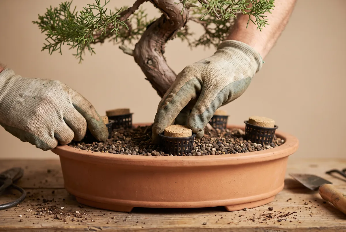 Hands placing organic fertilizer cakes in mesh baskets around the rim of a bonsai pot