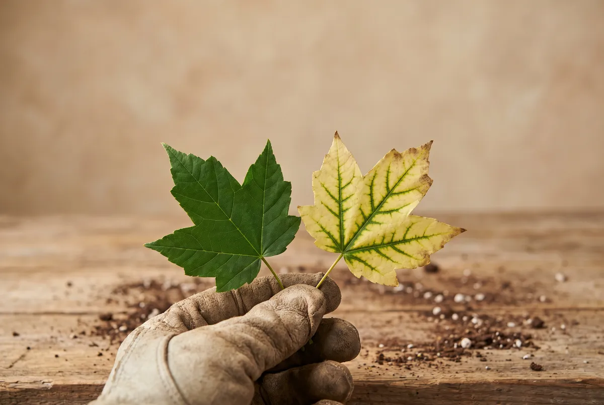 Hand holding a healthy green maple leaf next to a chlorotic yellow leaf with green veins