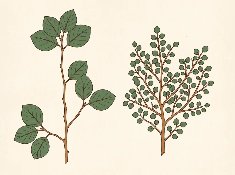 Botanical illustration comparing a coarse long-internode shoot with a densely ramified short-internode branch