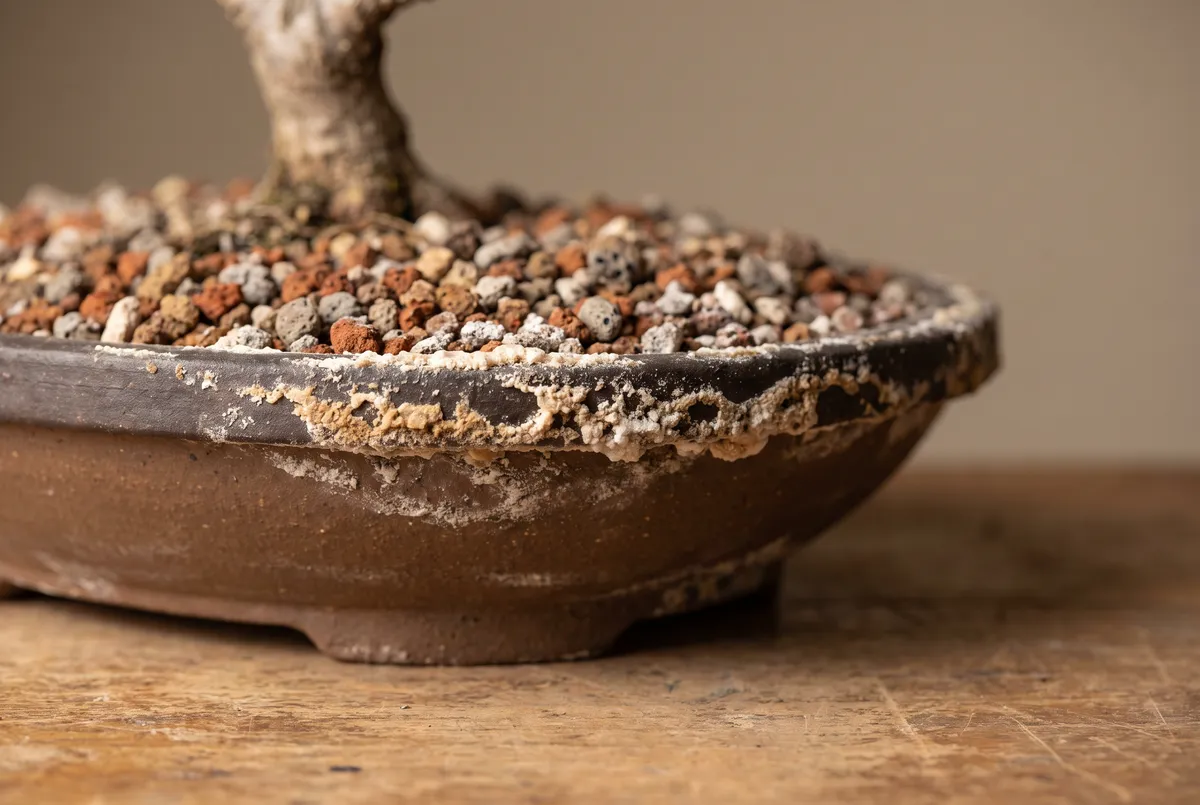Close-up of white fertilizer salt crust on the rim and granular soil surface of a bonsai pot
