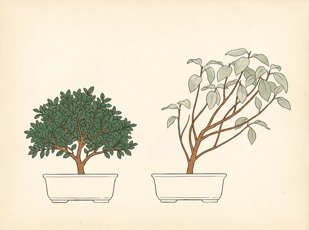 Field-guide illustration comparing a compact, densely-leaved ficus bonsai with an etiolated one showing long bare stems, sparse pale oversized leaves, and a crown leaning to one side