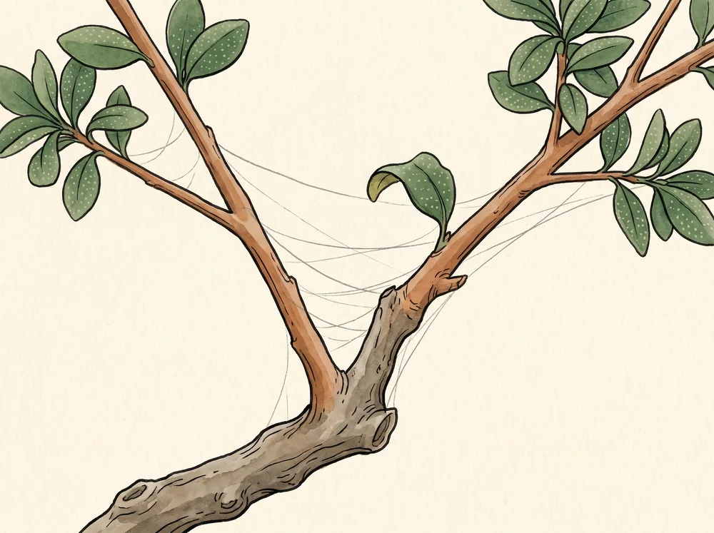 Illustration of a bonsai branch fork with fine spider-mite webbing spanning the junction and pale stippling on the surrounding leaves