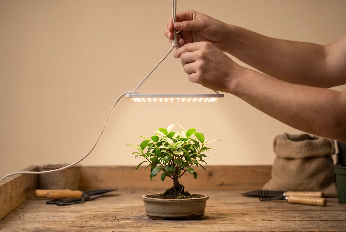 Hands adjusting a flat LED grow panel hanging just above the canopy of a ficus bonsai on a wooden nursery workbench