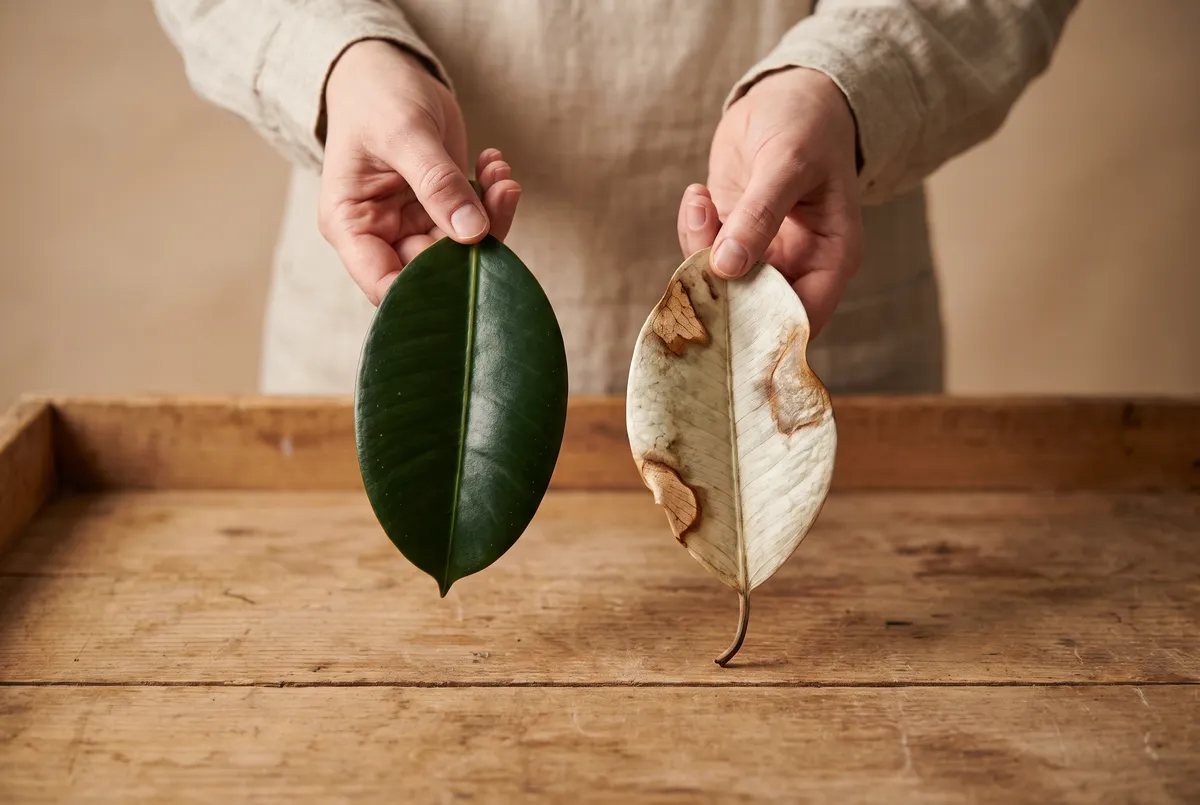 Hands holding two ficus leaves over a wooden workbench: one healthy deep green, one bleached white-brown with scorched papery patches from sudden sun exposure