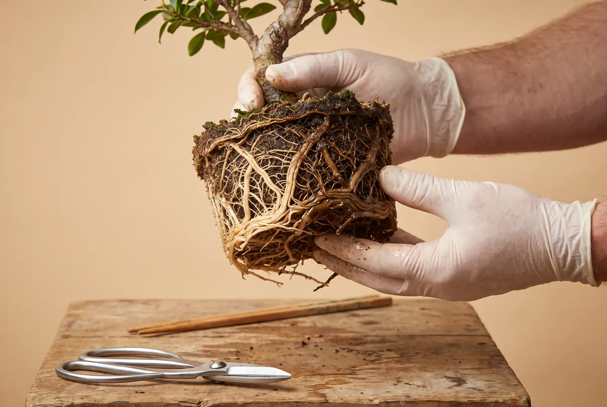 Hands holding a rinsed bonsai root ball showing healthy pale roots beside dark rotted ones