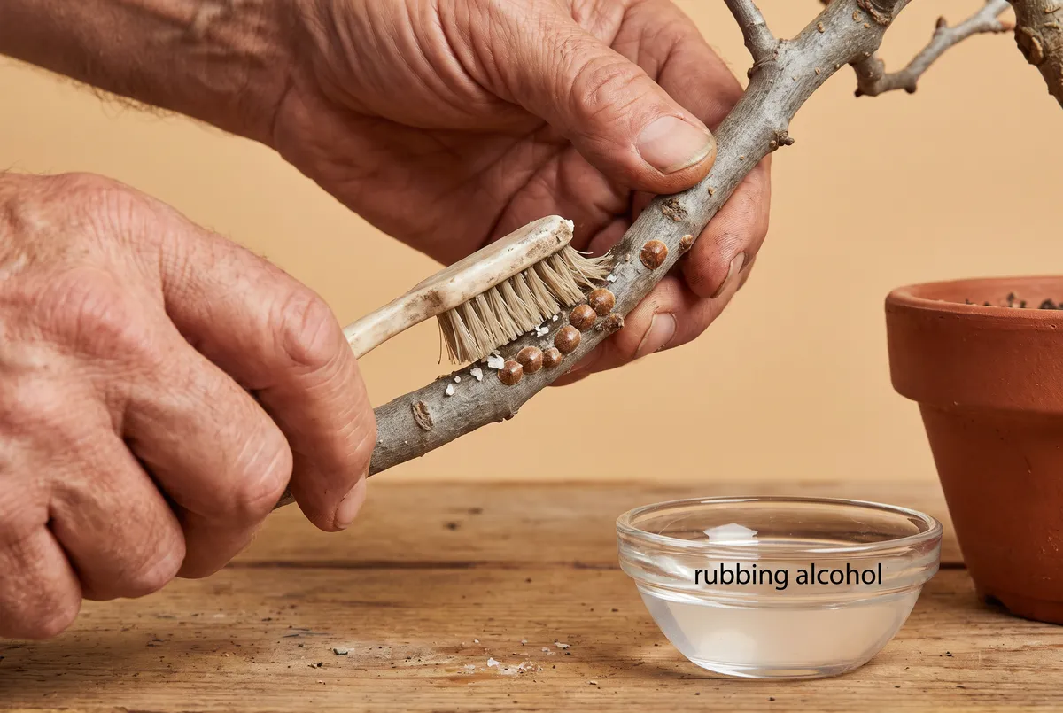 Hands scrubbing brown scale insects off bonsai bark with a toothbrush, dish of rubbing alcohol nearby