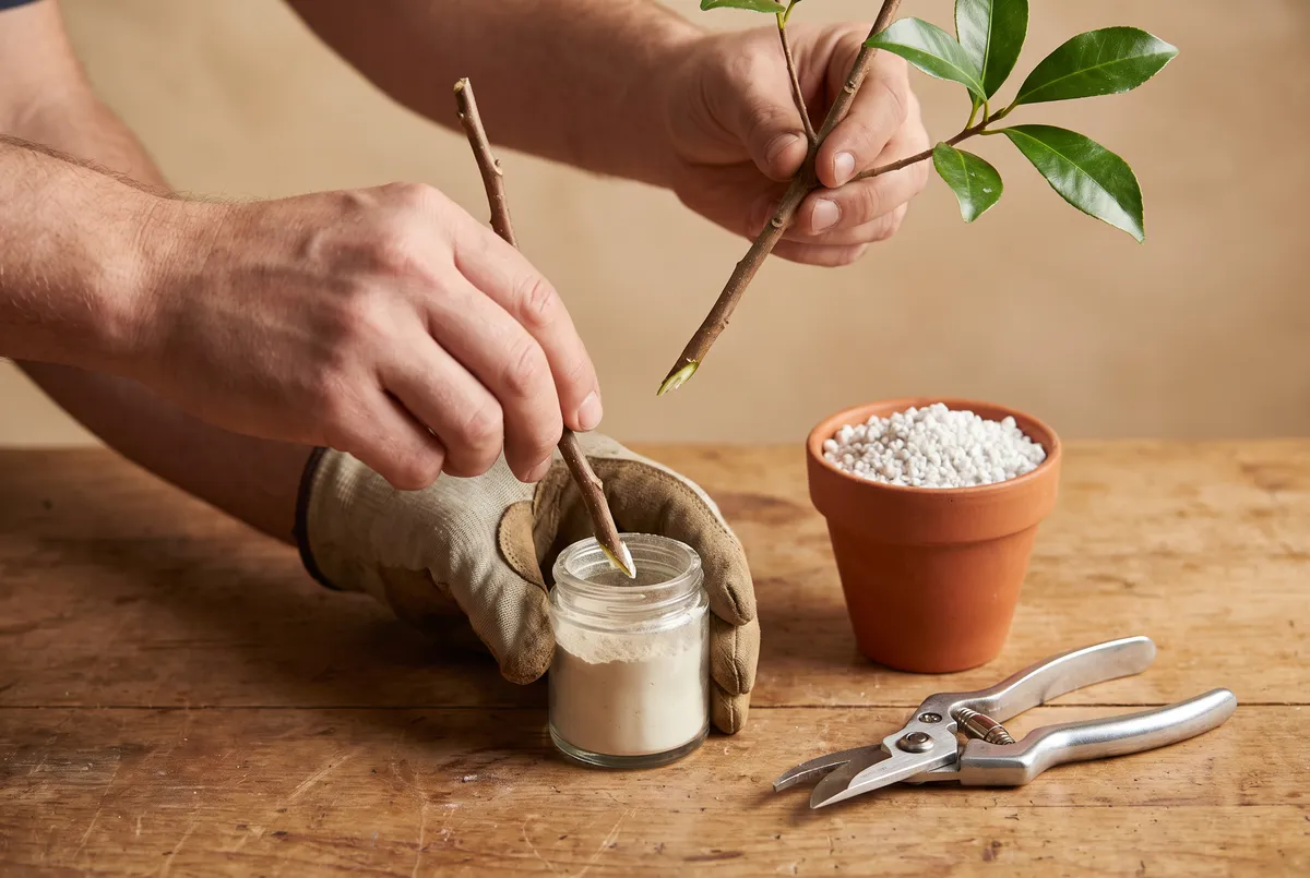 Hands dipping the cut base of a stripped five-inch cutting into rooting hormone powder, pot of perlite alongside