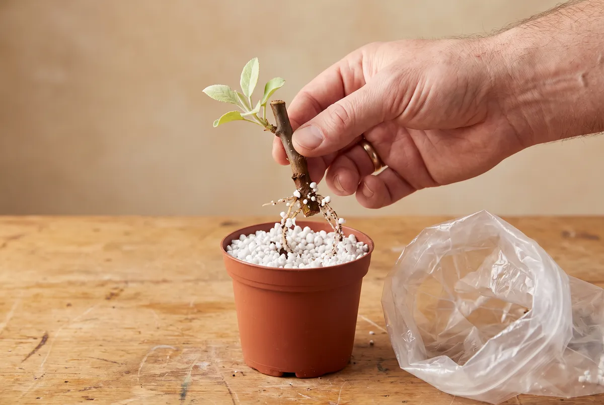 Hand lifting a rooted cutting out of perlite, showing one to two inches of thin white roots below new leaves