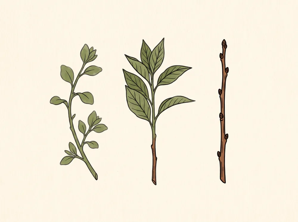 Field-guide illustration of three twigs showing the progression from soft green shoot to semi-hardwood stem to bare woody hardwood cutting