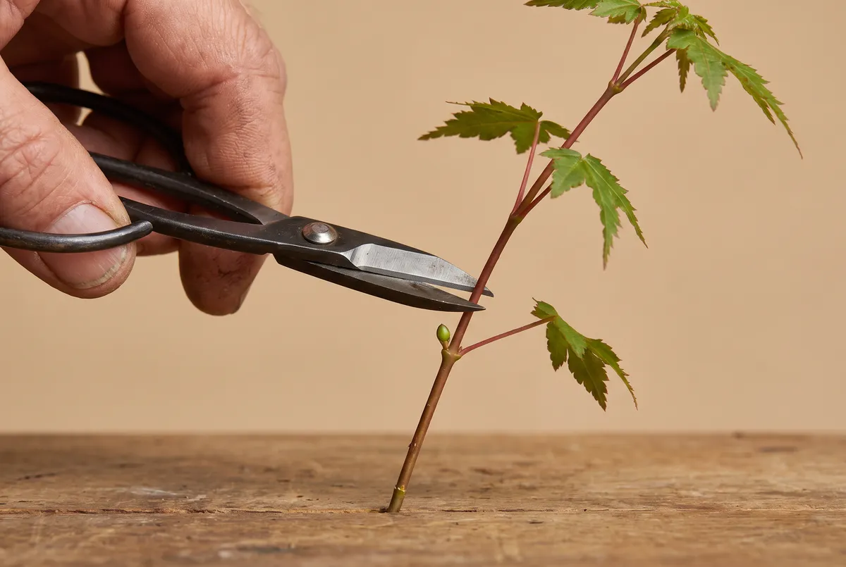 Close-up of bonsai scissors positioned just above a leaf node on a thin maple shoot, blade angled away from the bud