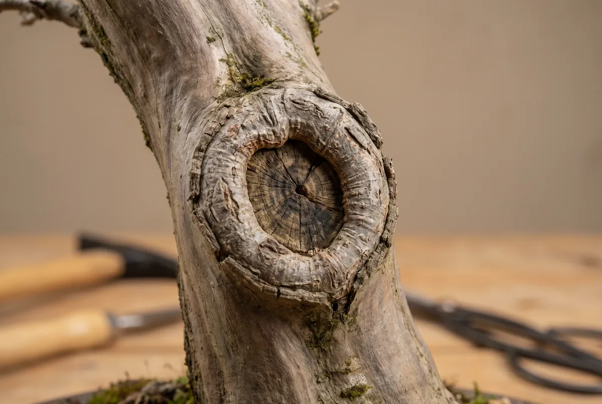 Close-up of a bonsai trunk wound with a raised callus ring healing over a concave pruning cut