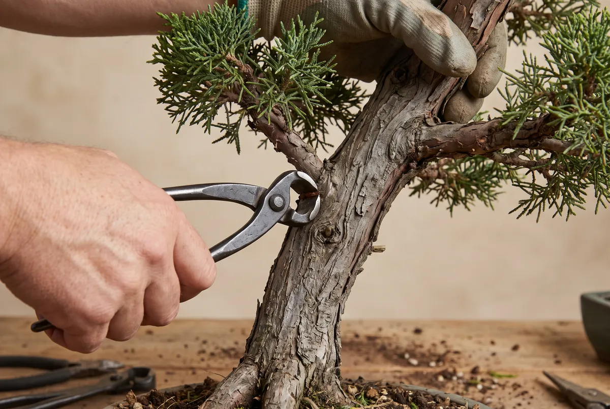 Hands using a concave branch cutter from below on a bonsai branch close to the trunk