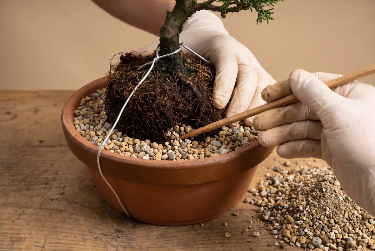 Overhead view of hands working granular soil into a potted bonsai root ball with a chopstick, anchor wire crossing the root ball