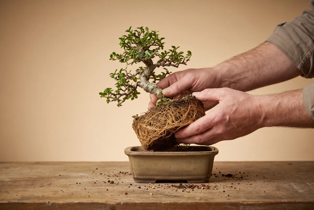 Hands lifting a bonsai tree out of its pot, revealing a root ball so dense with circling roots that it holds the pot's shape