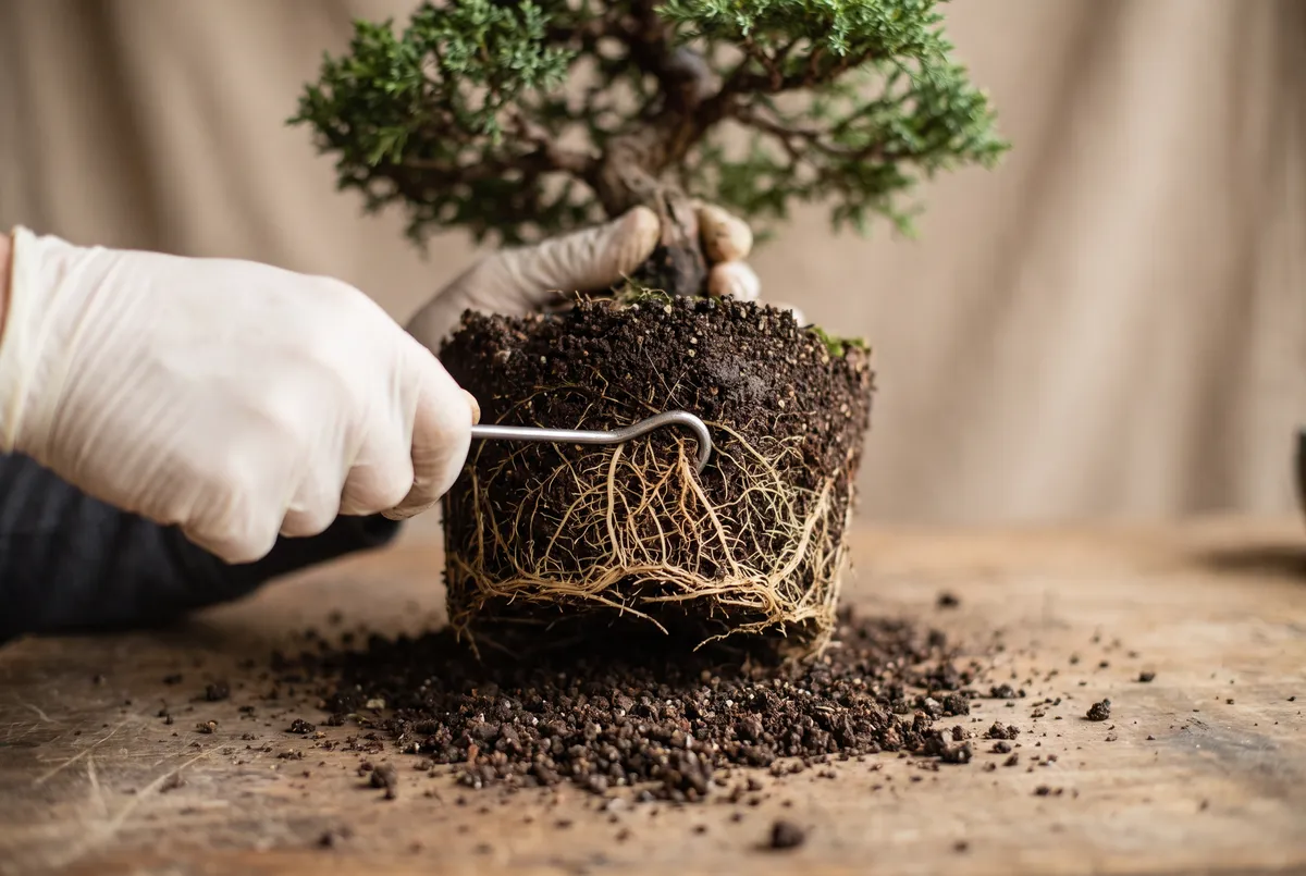 Hands combing out the edge of a bonsai root ball with a root hook, fine roots fanned outward and old soil crumbling onto the workbench