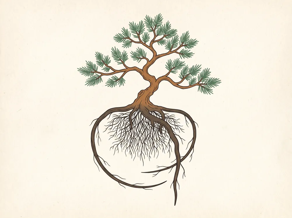Field-guide illustration of a bonsai with exposed roots showing fine feeder mats near the trunk, one long circling root, and a thick downward taproot