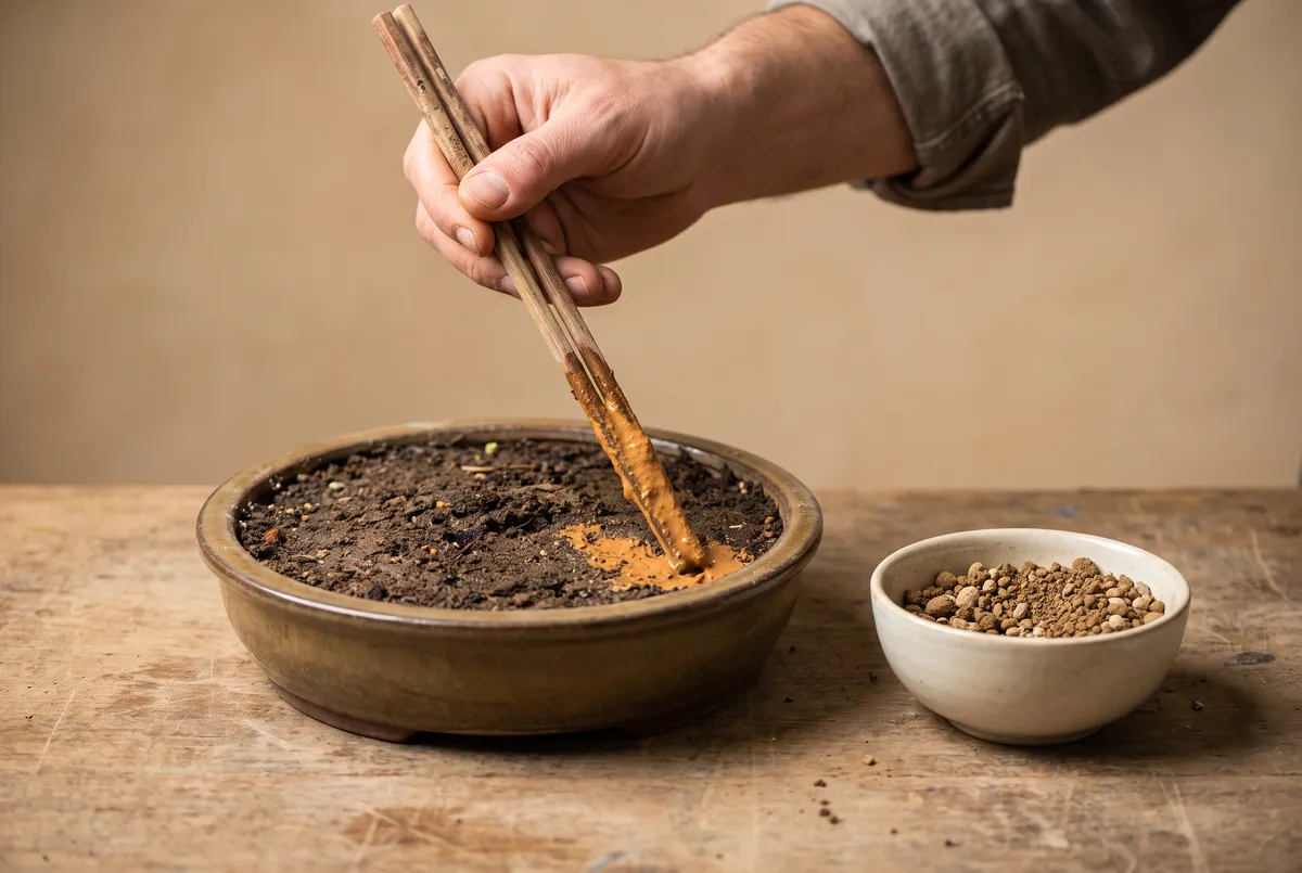 A chopstick pulled from bonsai pot soil showing an orange clay smear, next to a dish of fresh granular soil for comparison.