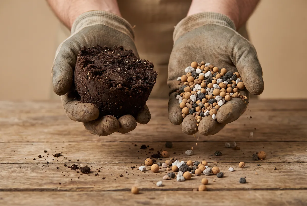Two hands compared side by side: one holding a compacted clump of potting soil, the other holding loose granular bonsai soil trickling between the fingers.