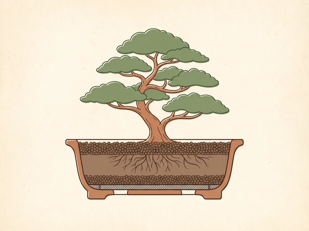 Cross-section illustration of a bonsai pot showing roots threading between uniform granular soil particles from surface to drainage holes.