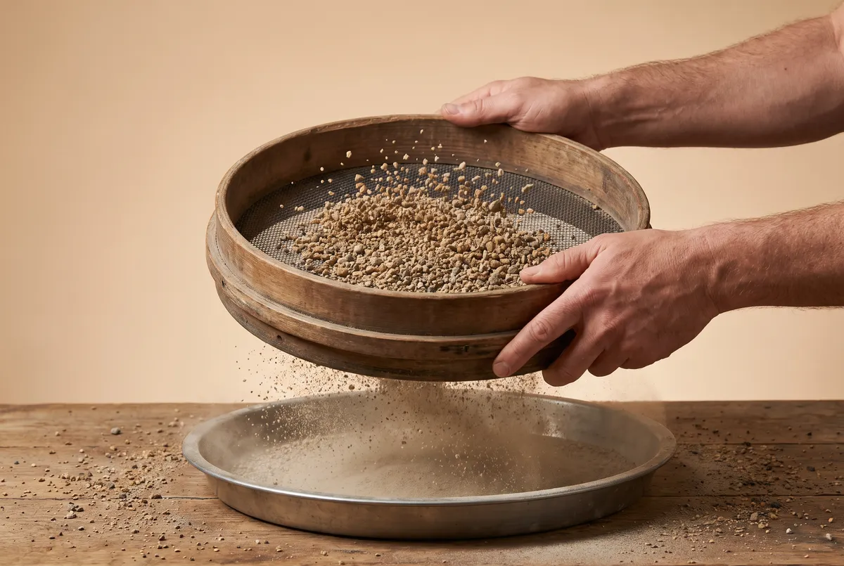 Hands shaking a stacked three-screen bonsai soil sieve horizontally over a collection pan on a workbench.