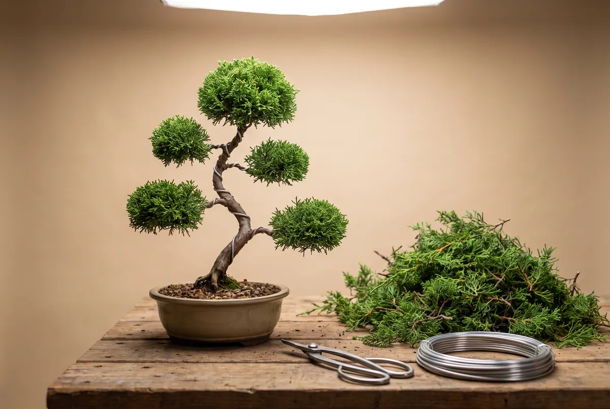 A newly styled juniper bonsai next to a large pile of pruned branches on a nursery workbench