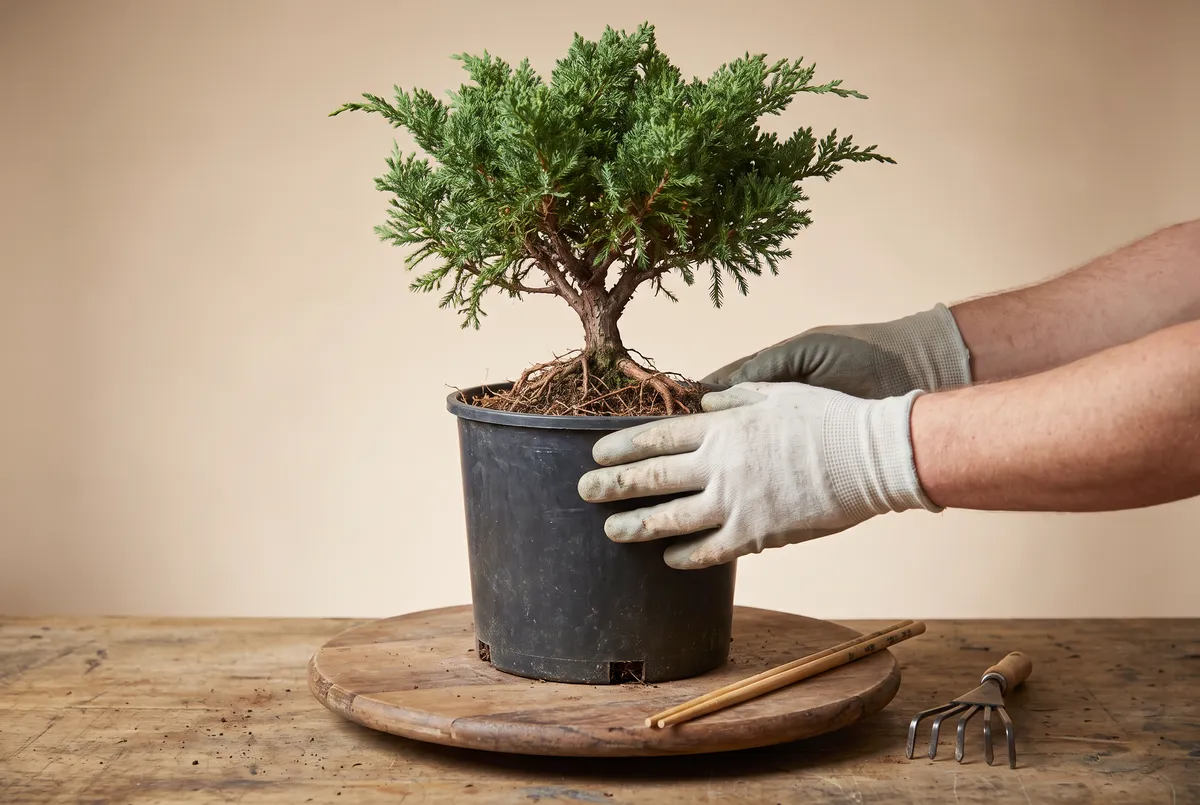 Hands rotating a nursery juniper on a wooden turntable, surface roots exposed at the base of the trunk