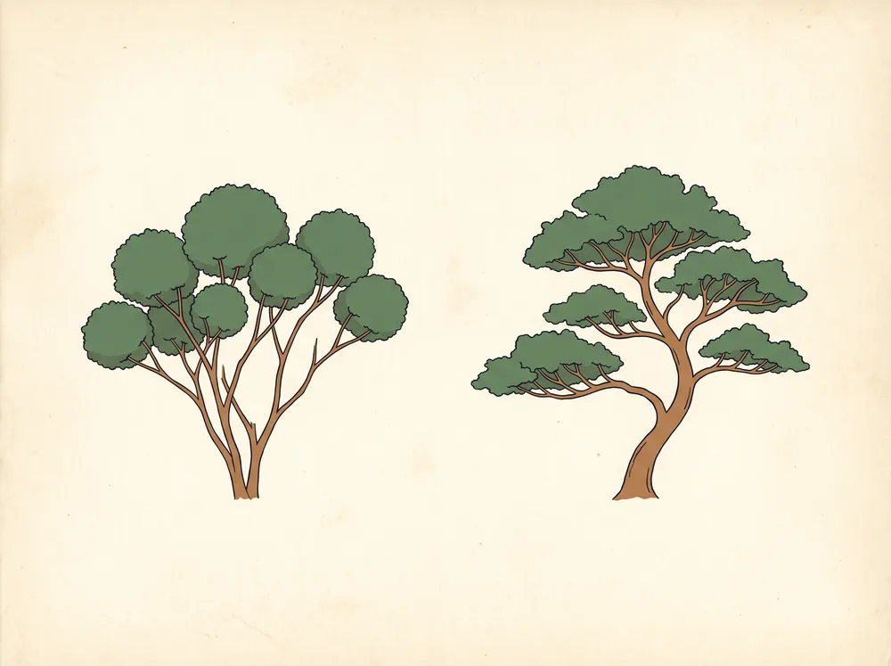 Illustration of a sheared pom-pom juniper beside a naturally styled bonsai with layered foliage pads