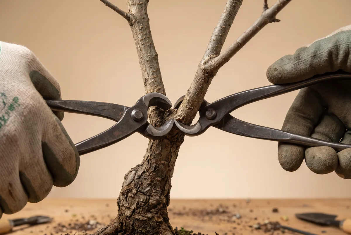 Hands positioning a concave branch cutter's curved jaws flush against a bonsai trunk at the base of a small branch