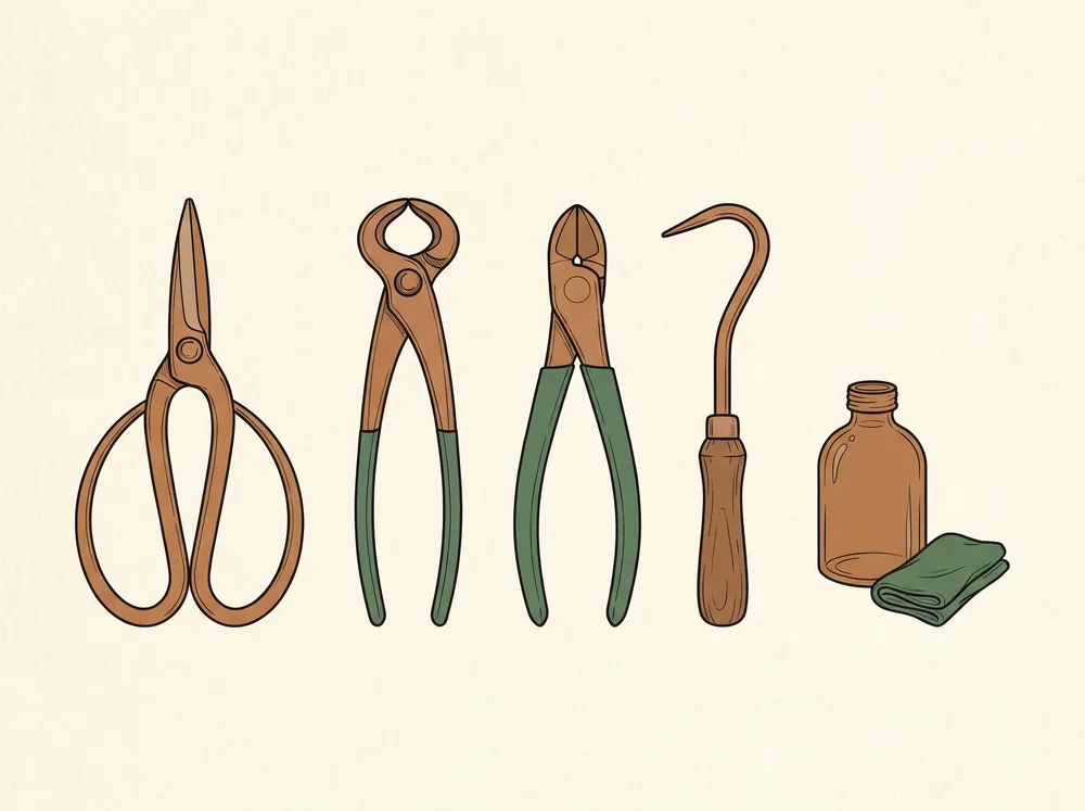 Field-guide style illustration of five bonsai tools laid out in a row: shears, concave branch cutter, wire cutters, root hook, and an oil bottle with cloth
