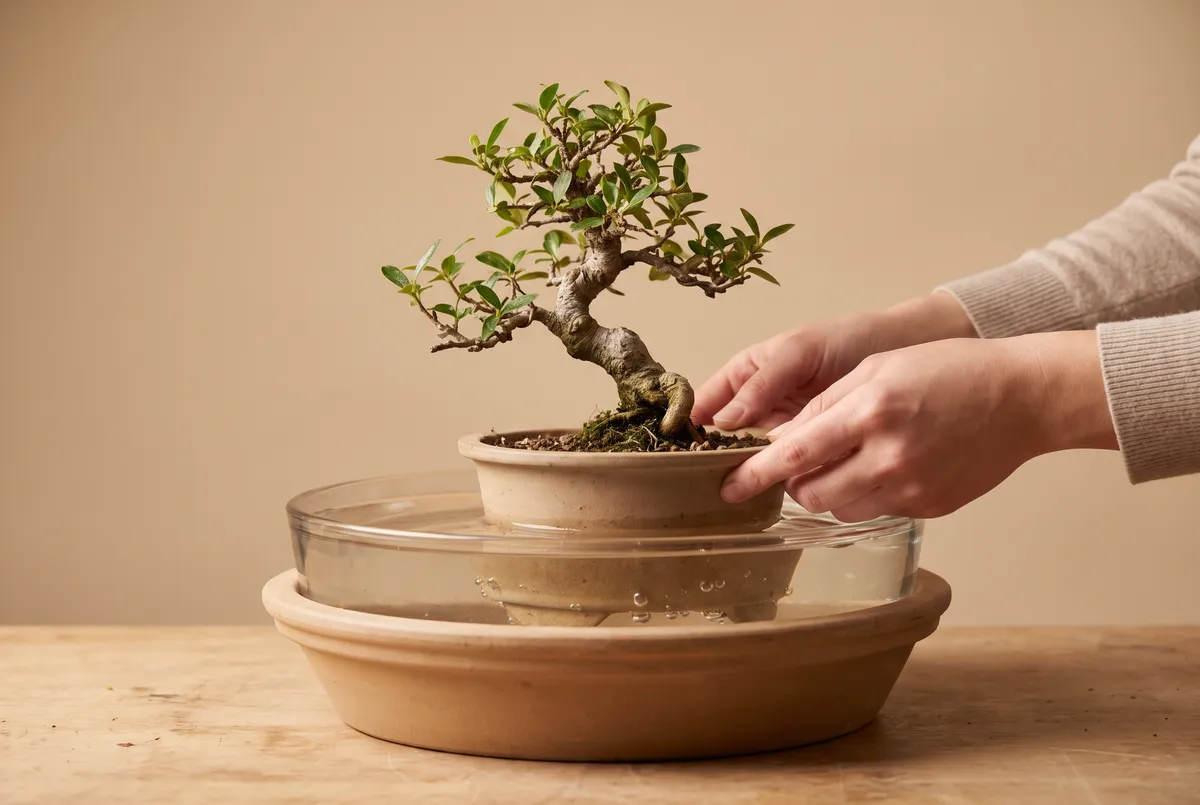 A bonsai pot sits half-submerged in a shallow basin of water on a workbench, with air bubbles rising as the soil rehydrates from below.