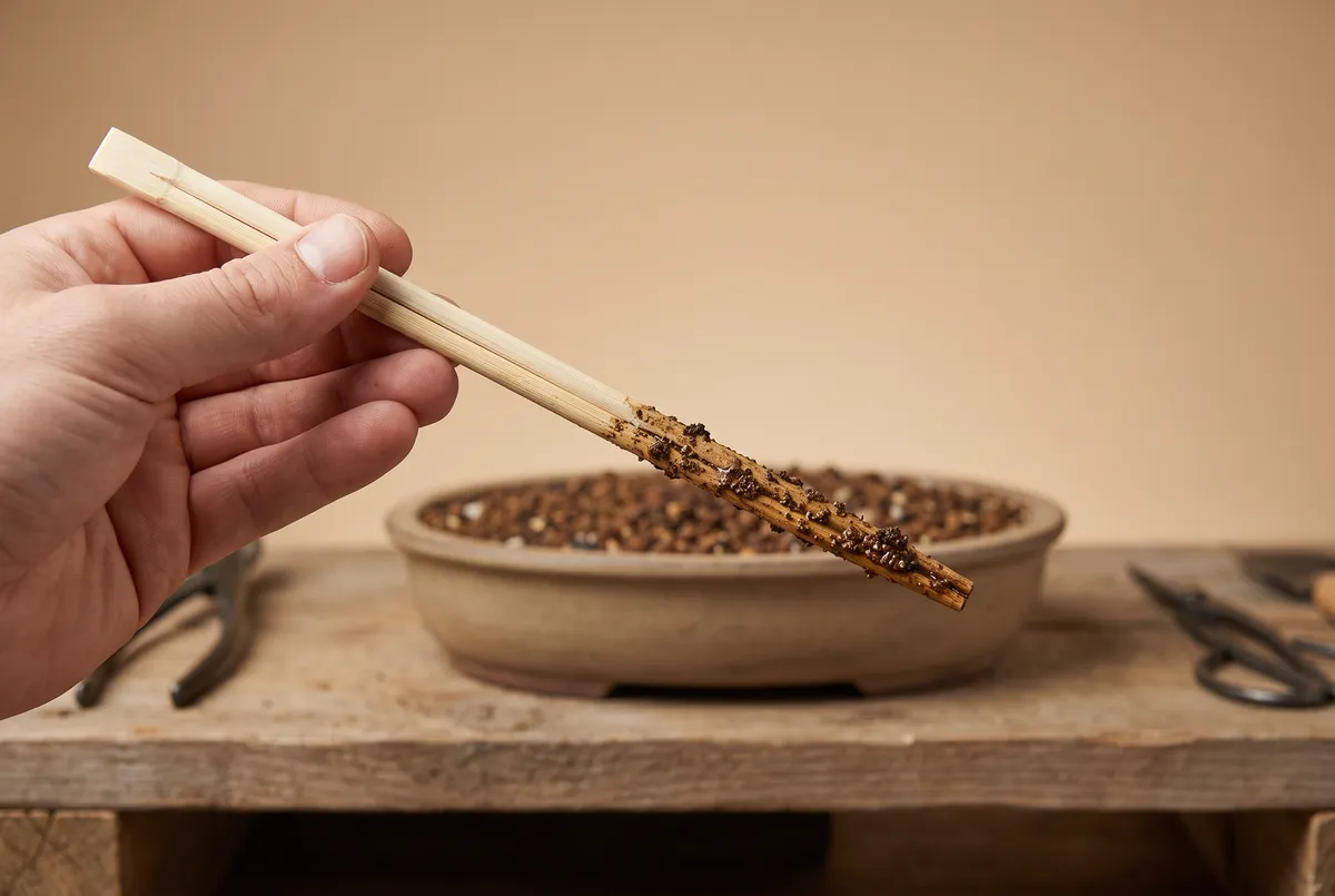 A hand holds a wooden chopstick pulled from a bonsai pot; the buried half is visibly darkened with moisture while the top half is dry.
