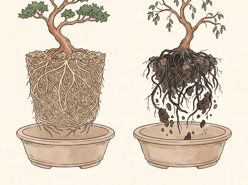 Field-guide illustration comparing a healthy bonsai root ball with firm pale roots to a rotted one with dark, collapsing roots.