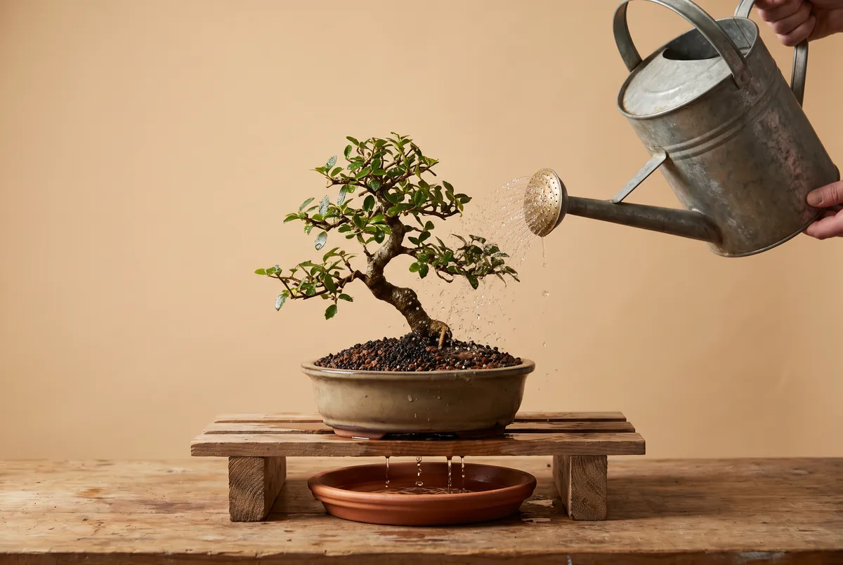 A watering can with a fine rose head waters a bonsai while water streams from the pot's drainage holes onto the bench slats below.