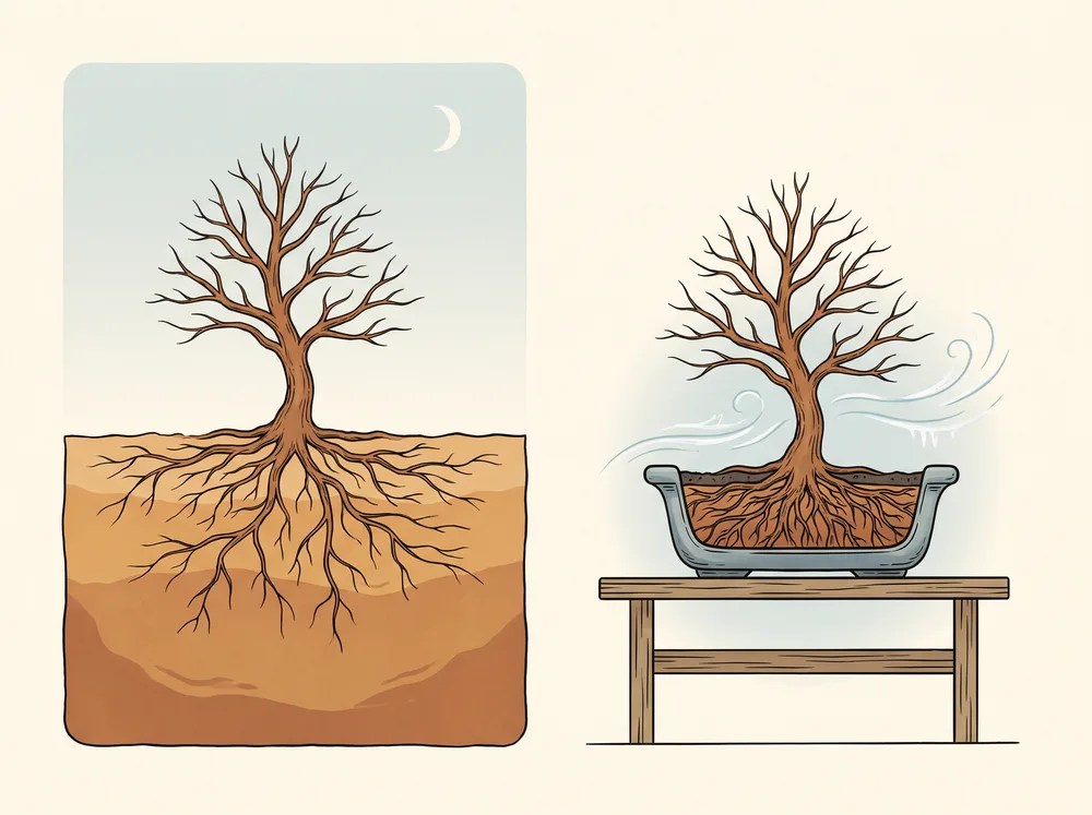 Cutaway illustration comparing a tree's roots insulated deep in open ground with the same tree's roots exposed in a shallow bonsai pot on a bench.