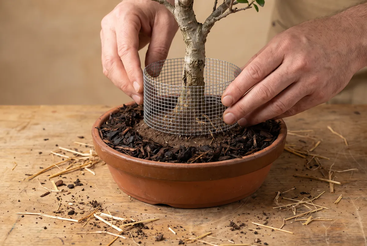 Hands fitting a small wire-mesh collar around a bonsai trunk base, with mulch cleared in a ring around the trunk.