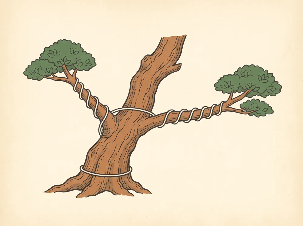 Field-guide illustration of a single training wire coiled evenly around two opposite bonsai branches, crossing the trunk between them