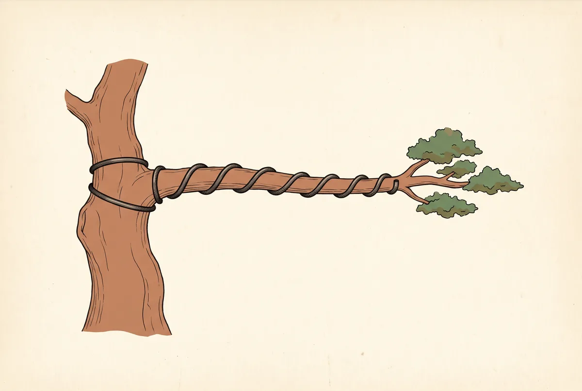 Wire anchored with two turns around a trunk, then coiled in even spirals along a branch to its foliage tip