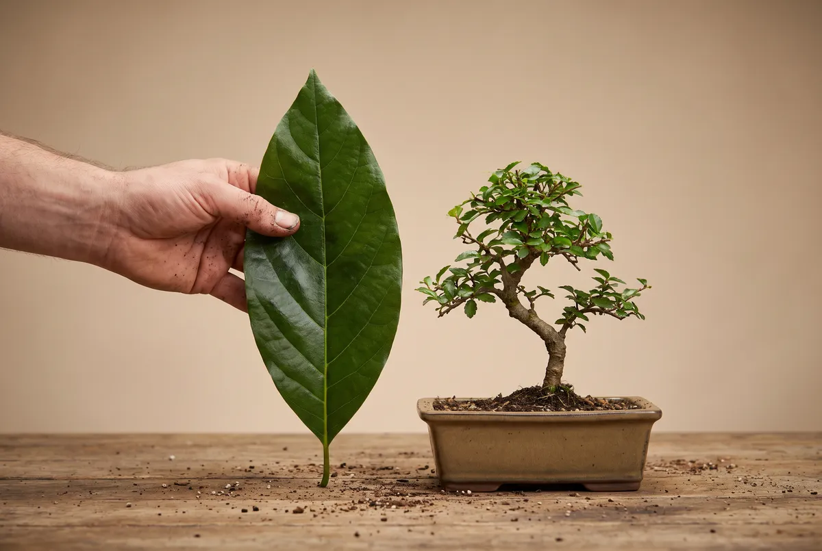 Hand holding a large avocado leaf beside a small Chinese elm bonsai; the leaf is taller than the tree's whole canopy