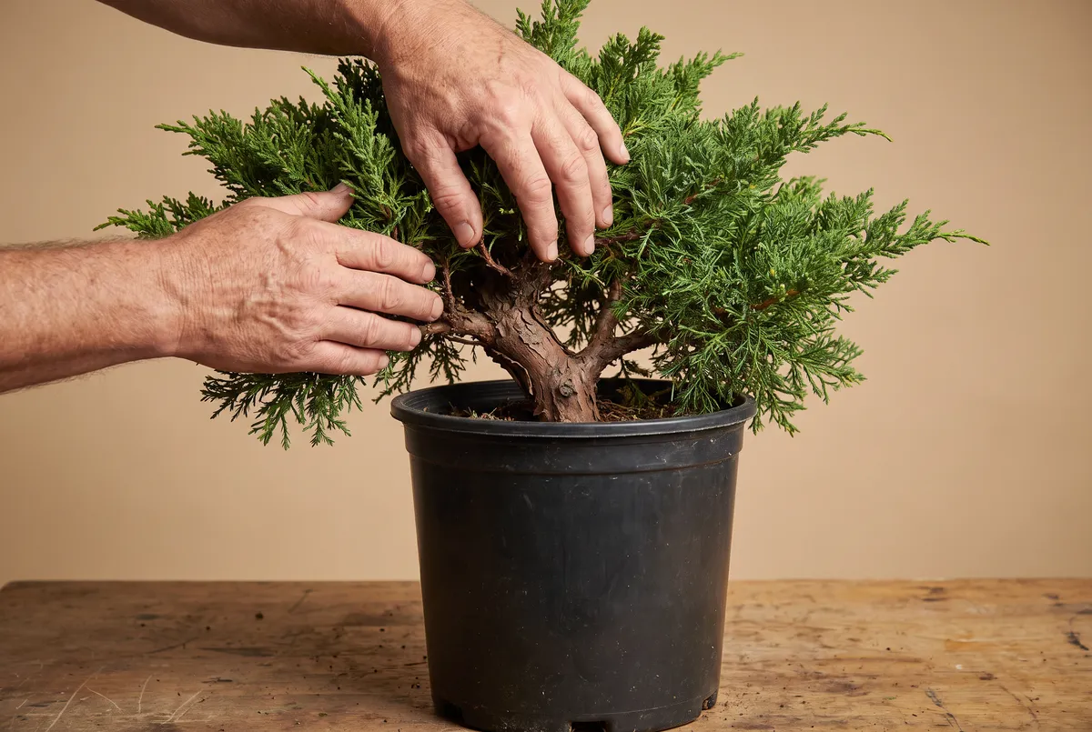 Hands parting a nursery juniper's foliage to expose the trunk base inside its plastic nursery can