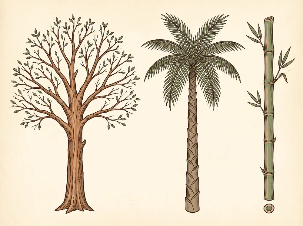 Field-guide illustration comparing a branching woody trunk, an unbranched palm column, and a segmented bamboo cane