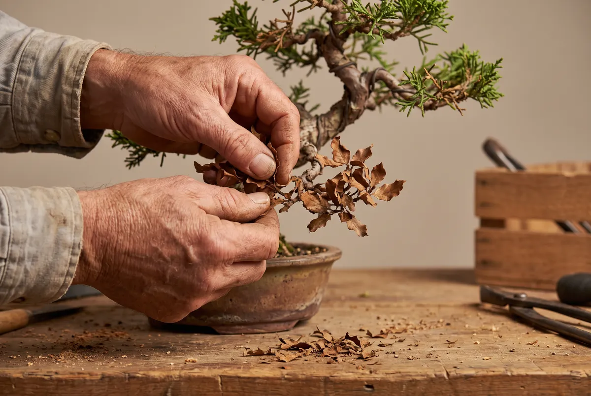 Fingers rubbing dry brown bonsai foliage between finger and thumb over a workbench, crumbled fragments falling