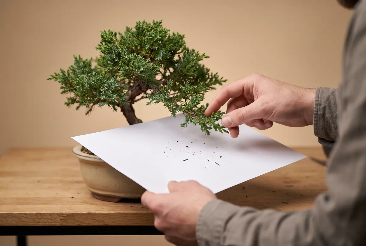 Hands performing the spider mite paper-tap test, holding white paper under a juniper bonsai branch while tapping it
